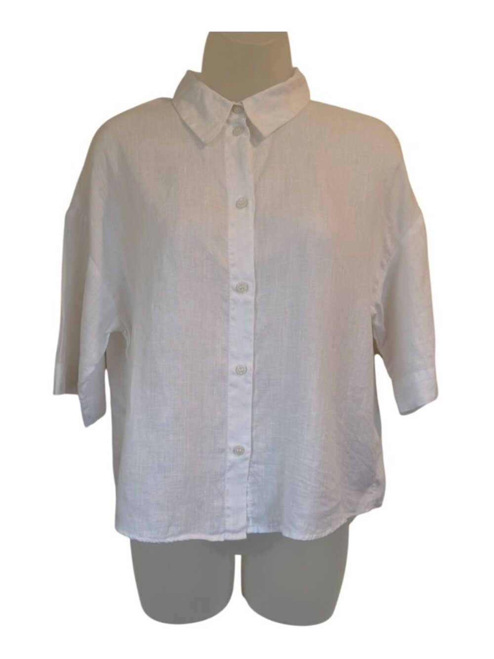H&M White Linen Button Down Boxy Shirt Half Sleeve Relaxed Womens XS Resortwear